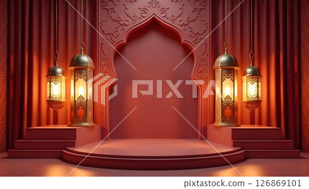 A vibrant portrayal of Ramadan that emphasizes golden lanterns, stars, a podium, and a crescent moon, celebrating Islamic culture 126869101