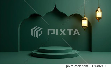 An Islamic Ramadan scene adorned with golden lanterns, stars, a podium, and a crescent moon 126869110