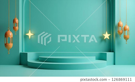 A vibrant Ramadan scene showcasing gold lanterns, stars, a podium, and a crescent moon, celebrating Islamic culture 126869111