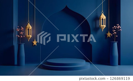 Elegant Ramadan backdrop with gold lanterns, stars, a podium, and a crescent moon, embodying Islamic traditions 126869119