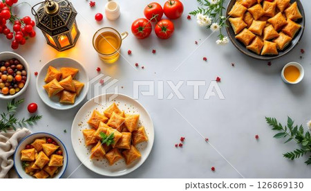 A beautifully set table for Ramadan iftar, featuring candles, lanterns, and delicious Turkish dessert baklava 126869130