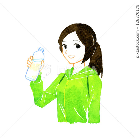 一位女士正在用塑膠瓶裡的水補充水分。手繪水彩人物插畫 126870179