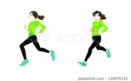 一組慢跑和跑步的女性手繪水彩人物插圖 126870191