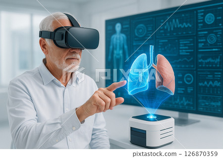 AI generated elderly man uses VR headset to interact with holographic lung and medical data in a clean futuristic lab environment with advanced digital technology 126870359