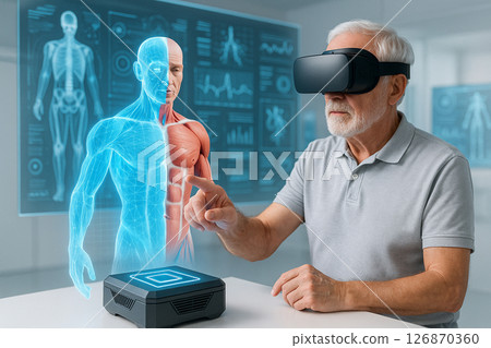AI generated elderly man wearing VR headset interacts with half real half holographic muscle system in a bright futuristic lab with advanced medical data displays AI generated elderly man wearing VR headset interacts with half real half holographic muscle system in a bright futuristic lab with advanced medical data displays 126870360