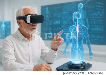 AI generated elderly man uses VR to explore a half real half holographic nervous system with advanced digital data in a clean futuristic medical lab 126870361