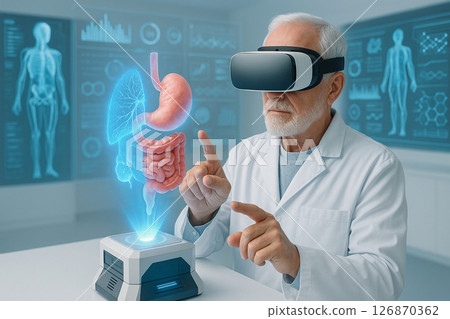 AI generated elderly man wearing VR glasses interacts with a digestive system hologram in a clean hightech lab symbolizing advanced medical analysis and the fusion of age and innovation 126870362