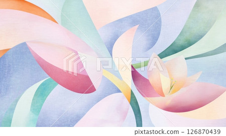 Pastel geometric shapes forming abstract flower design, blending soft colors with curved lines expressing delicate artistic composition and serene visual harmony Pastel geometric shapes forming abstract flower design, blending soft colors with curved lines expressing delicate artistic composition and serene visual harmony 126870439