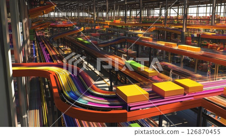 Multicolored shipping packages traveling along automated conveyor belt inside modern distribution center, showcasing streamlined logistics workflow, warehouses, logistics, freight transportation Multicolored shipping packages traveling along automated conveyor belt inside modern distribution center, showcasing streamlined logistics workflow, warehouses, logistics, freight transportation 126870455