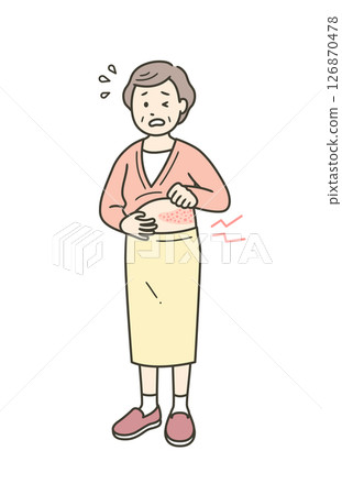 一位老年婦女因帶狀皰疹而痛苦地做鬼臉的全身插圖 126870478