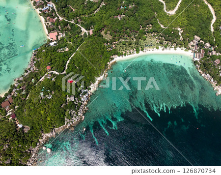 Tropical bay featuring clear turquoise waters, vibrant coral reefs, and lush greenery along the coastline. Thailand, Koh Tao. 126870734