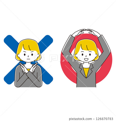 Illustration set of posing businesswomen: circle, cross, right, and wrong 126870783