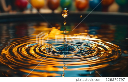 Golden Water Drop Impacting Still Surface 126870797