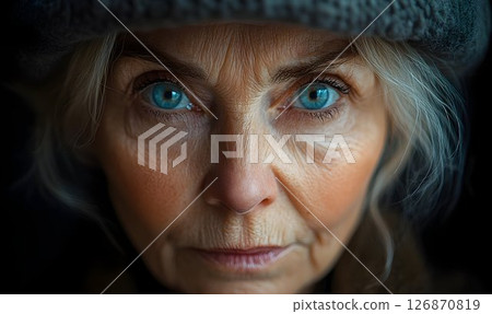 Intense Gaze: Close-Up Portrait of a Mature Woman with Striking 126870819