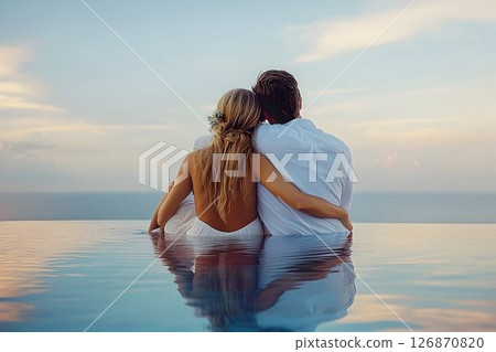 Embracing Couple in Infinity Pool Overlooking Ocean at Dusk with 126870820