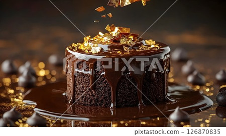 Decadent Chocolate Cake Drizzled with Ganache and Gold Leaf 126870835