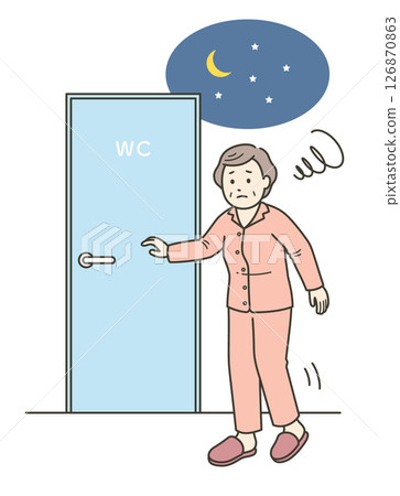 Illustration of an elderly woman suffering from frequent urination at night who feels the need to urinate while sleeping and goes to the toilet Illustration of an elderly woman suffering from frequent urination at night who feels the need to urinate while sleeping and goes to the toilet 126870863