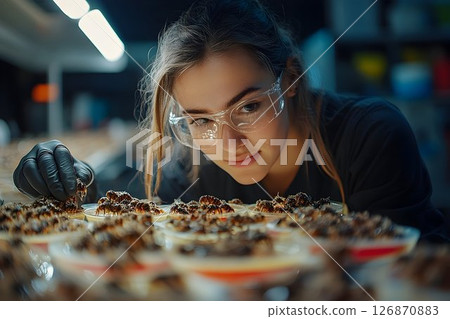 Scientist Inspects Petri Dishes of Specimens Under Bright Labora 126870883