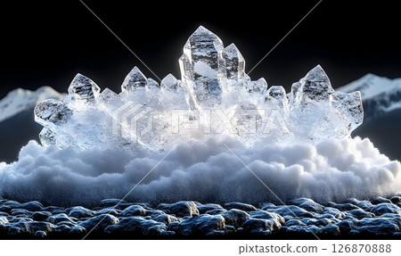Glacial Crystal Cluster on Rocky Shore Against Dark Mountains 126870888