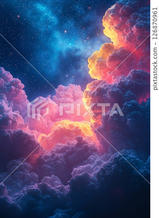 Ethereal Cosmic Peaceful Backdrop with Colorful Clouds and Starry Night Sky 126870961