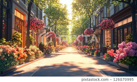 Serene Urban Boulevard with Lush Trees and Vibrant Floral Displays 126870995