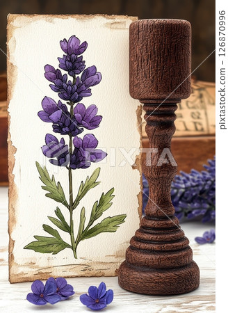 Delicate Purple Flower Illustration Next to Wooden Candle Stand and Tiny Blooms 126870996