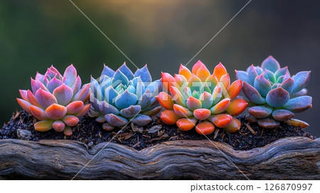 Peaceful Succulents Planted Alongside Driftwood in Natural Setting 126870997