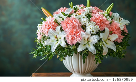 Elegant Pastel Flower Arrangement Featuring Lilies and Carnations in Peaceful Setting Elegant Pastel Flower Arrangement Featuring Lilies and Carnations in Peaceful Setting 126870999