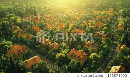 Peaceful Elevated View of Urban Landscape with Train Tracks Cutting Through Greenery 126871000
