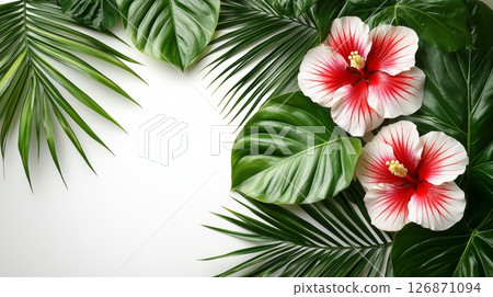 Vibrant Tropical Floral Arrangement with Hibiscus and Lush Green Leaves 126871094