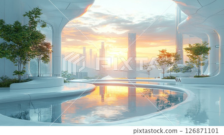 Futuristic Urban Skyline with Glass Bridge and Serene Water Reflection 126871101