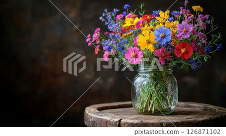 Vibrant Rustic Wildflower Bouquet in Jar with Assorted Colors on Wooden Table 126871102