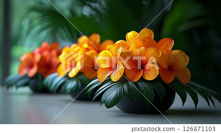 Tropical Flower Arrangements for Peaceful Ambiance in Vibrant Decor 126871103