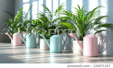 Peaceful Minimalist Plant Care Setup with Pastel Pots in a Sunlit Space 126871107