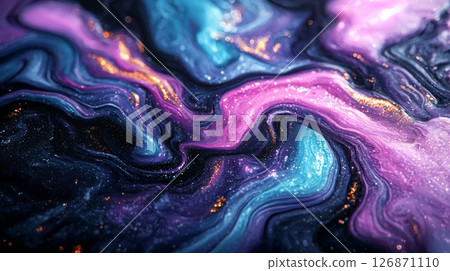 Colorful Swirls of Iridescent Oil on a Reflective Surface with Peaceful Vibes 126871110