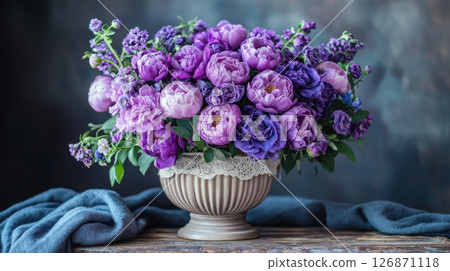 Vintage Romantic Floral Arrangement Featuring Purple Peonies and Blossoms in Bowl Vintage Romantic Floral Arrangement Featuring Purple Peonies and Blossoms in Bowl 126871118