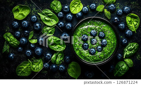 Vibrant Green Smoothie Bowl with Blueberries and Spinach 126871224