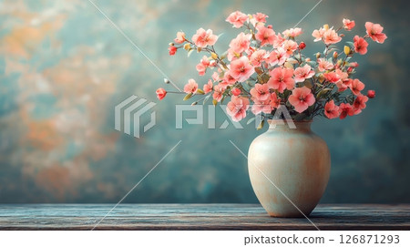 Romantic Floral Arrangement of Wildflowers in Vintage Vase on Wooden Table Background 126871293