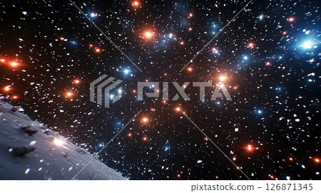 Winter Night Sky Above Snowy Mountain Peaks with Sparkling Light 126871345