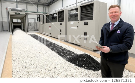 Smiling Man in Factory with Unique Black and White Pebble Pathwa 126871351
