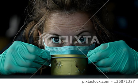 Intense Gaze: Masked Woman's Eyes Above a Can, Gloved Hands, Dar 126871357