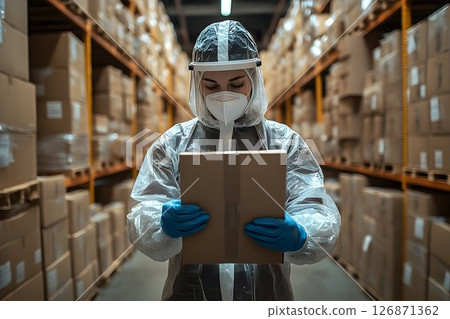 Warehouse Worker in Protective Gear Holds Box Amidst Rows of She 126871362
