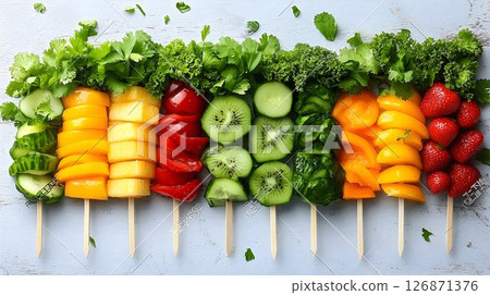 Colorful Fruit and Vegetable Skewers with Fresh Herbs on Light B Colorful Fruit and Vegetable Skewers with Fresh Herbs on Light B 126871376
