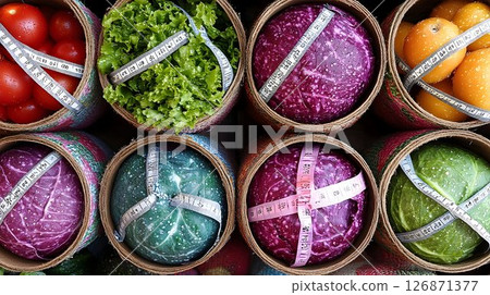 Colorful Vegetables Wrapped in Measuring Tapes 126871377