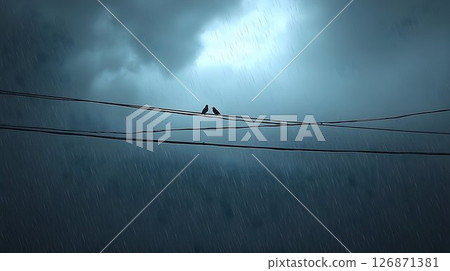 Two Birds on Power Lines During a Stormy Rain 126871381