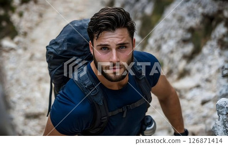 Handsome Hiker Ascending Rocky Trail with Backpack, Intense Gaze 126871414