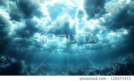 Ethereal underwater scene with light rays piercing through cloud 126871433