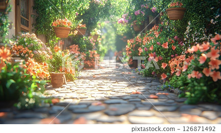 Quaint Urban Street Adorned with Flower Baskets and Vibrant Floral Arrangements 126871492