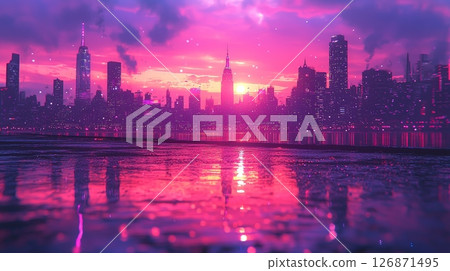 Vibrant Urban Skyline at Sunset with Modern Elements and Beautiful Reflections 126871495