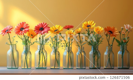 Whimsical Floral Designs with Pastel Blooms in Glass Bottles Against a Yellow Background 126871506